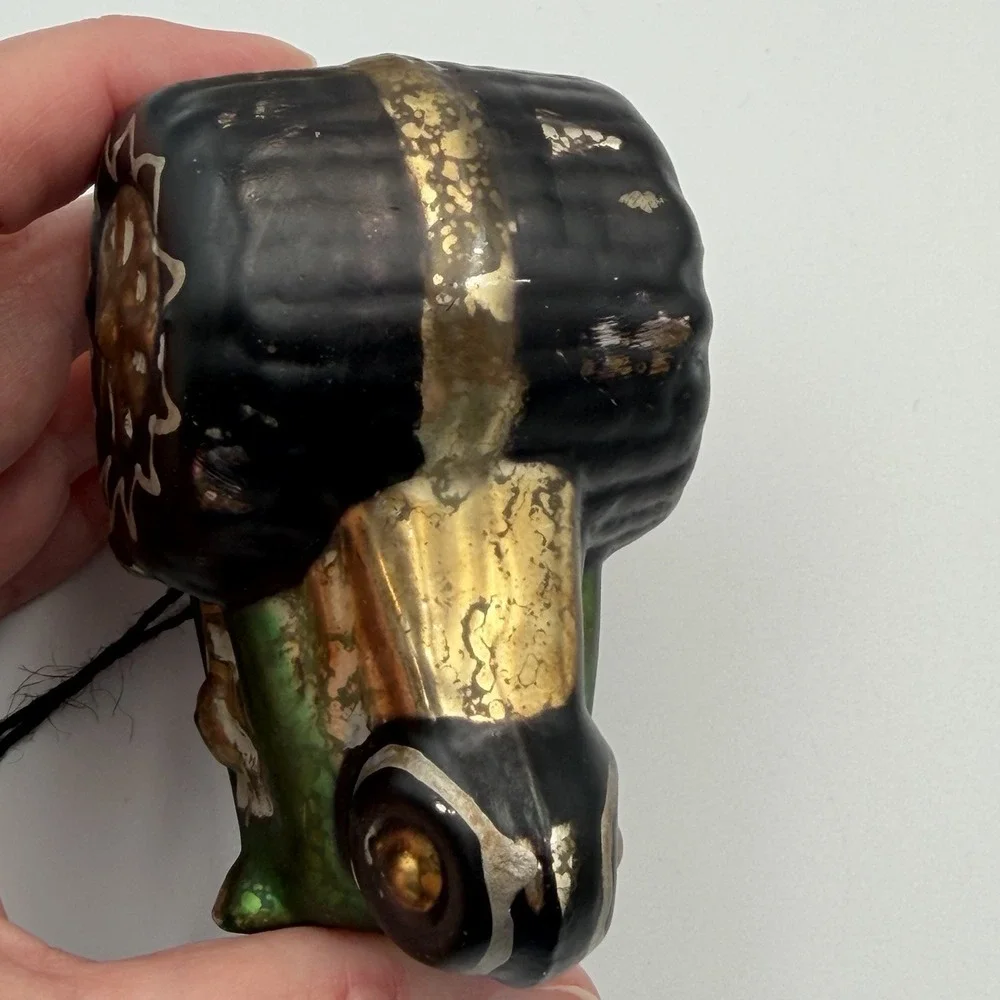Mercury‎ Glass Hand Painted Green Tractor Ornament with Gold Detailing